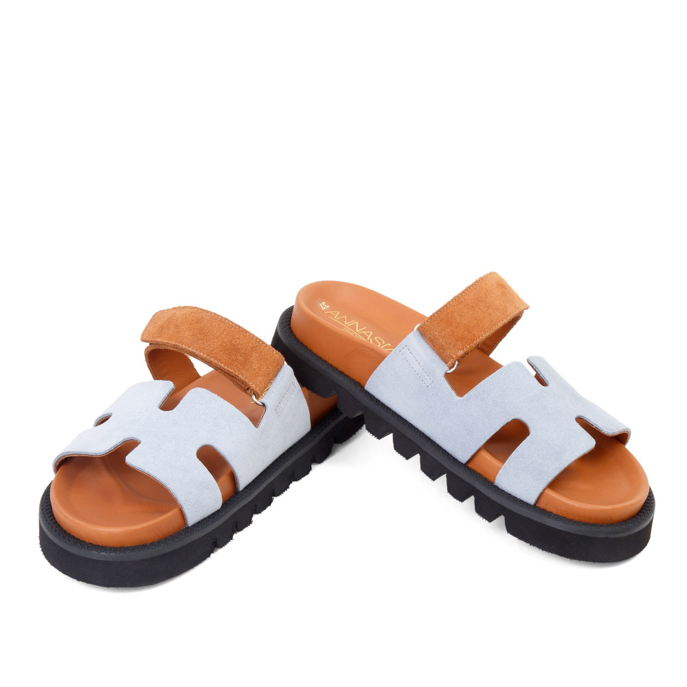 Şlapi ADA - piele naturală bleu/maro