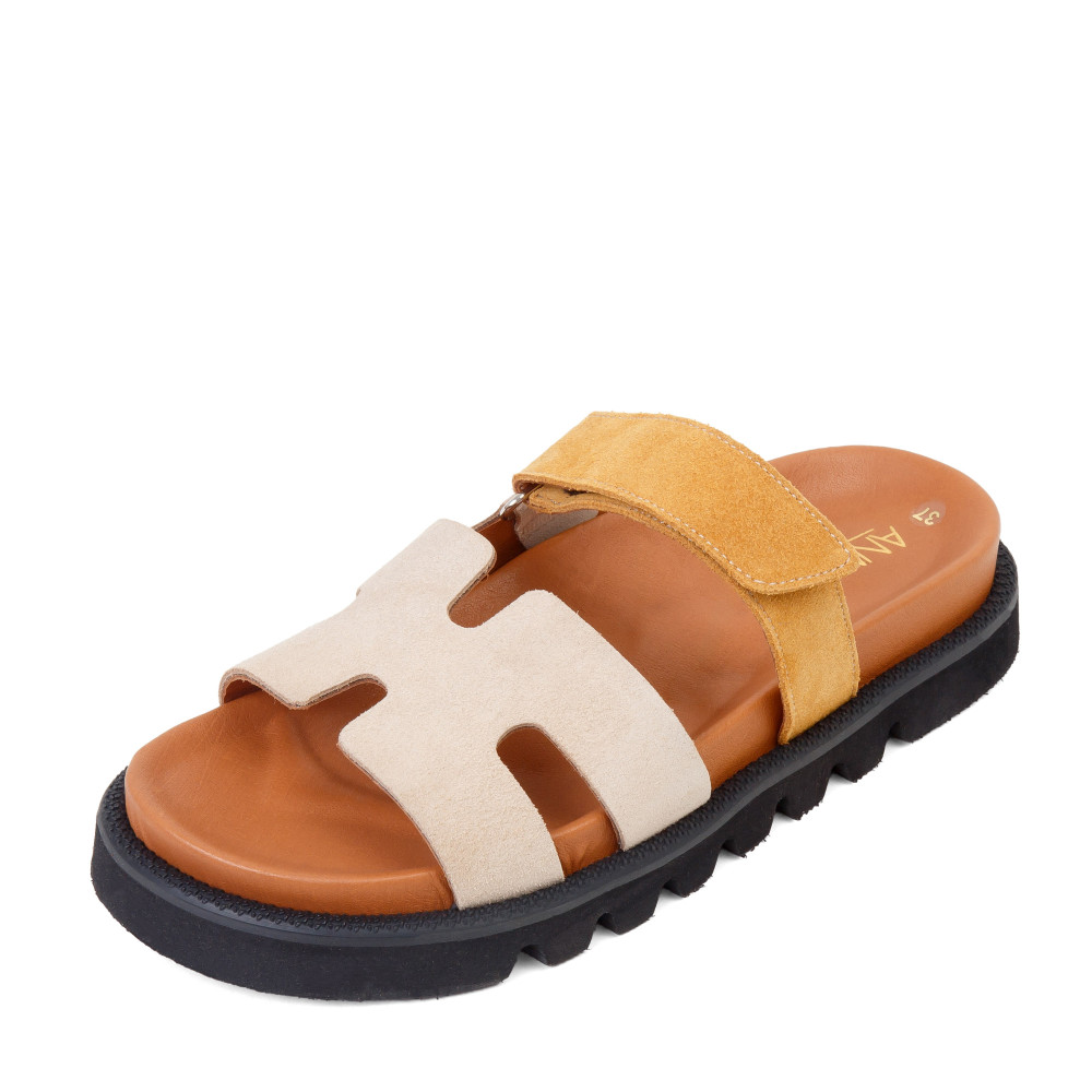 Şlapi ADA - piele naturală crem/galben